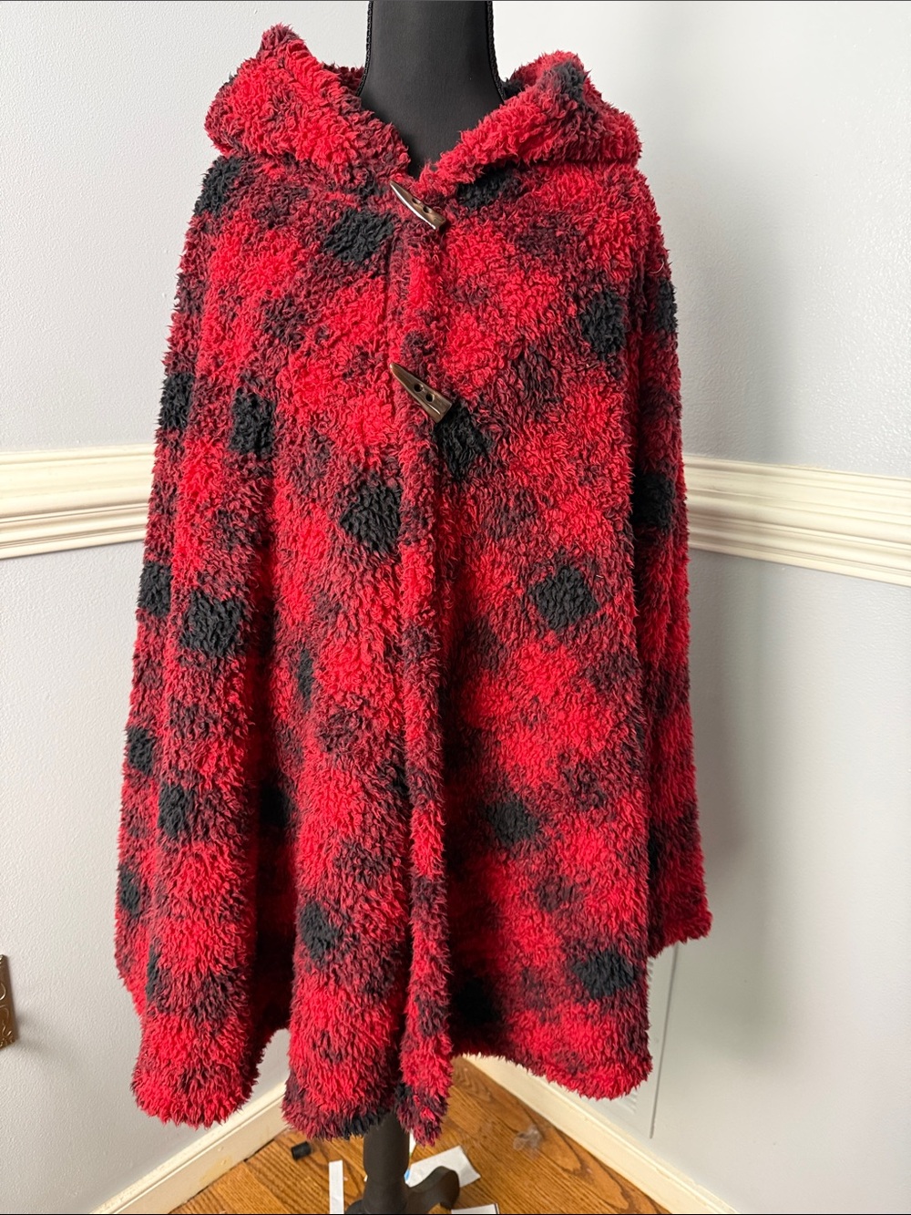 Red & Black Hooded Plush Cape Coat/ hoodie blanket